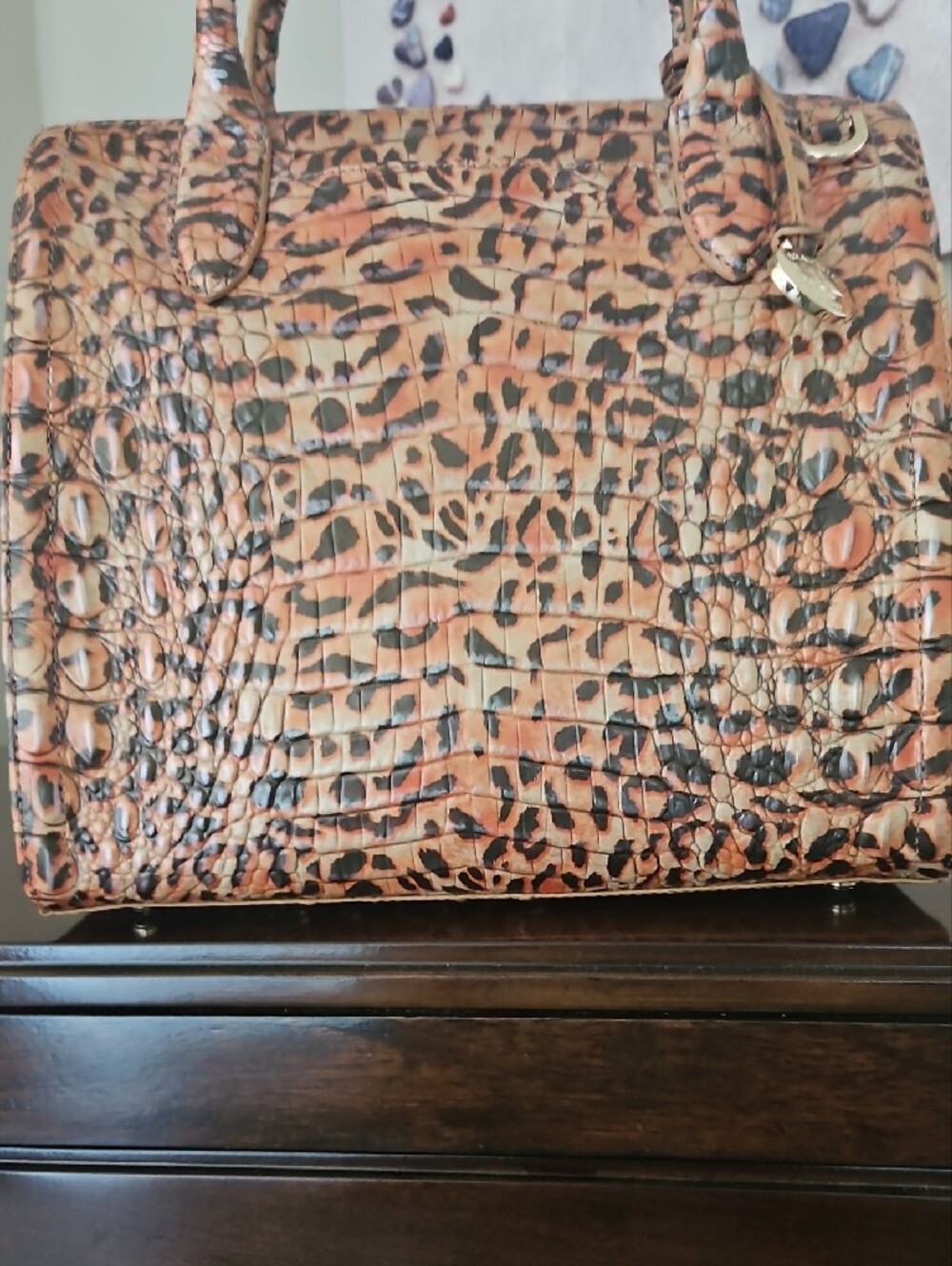 Brahmin Leopard Small Caroline Croc-Embossed Satchel in Tan and Black - Picture 7 of 10